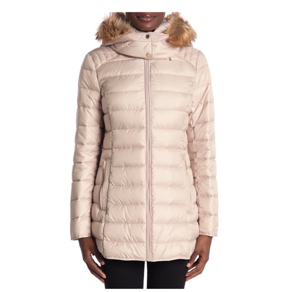 Sale!🎉NWT Nordstrom Warm Quilted Fur Hooded Puffer Champagne Tan Cream Coat - Picture 1 of 2